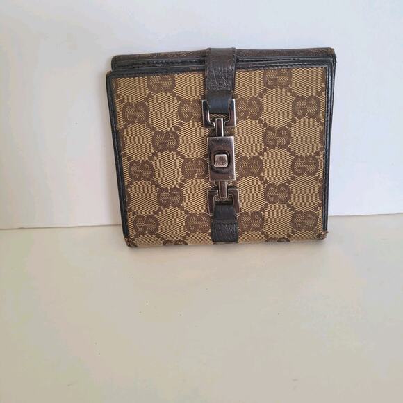 GUCCI GG Vintage Jackie Canvas Leather Wallet Monogram Bifold Medium Brown Logo - Picture 1 of 13